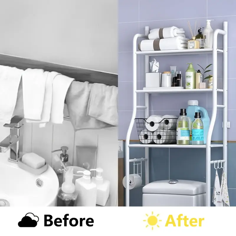 Space-Saving 3-Tier Bathroom Organizer With Toilet Rack & Washing Machine Stand - Black Metal, Floor Mount, Includes Hanging Rod For Laundry And Restroom Storage