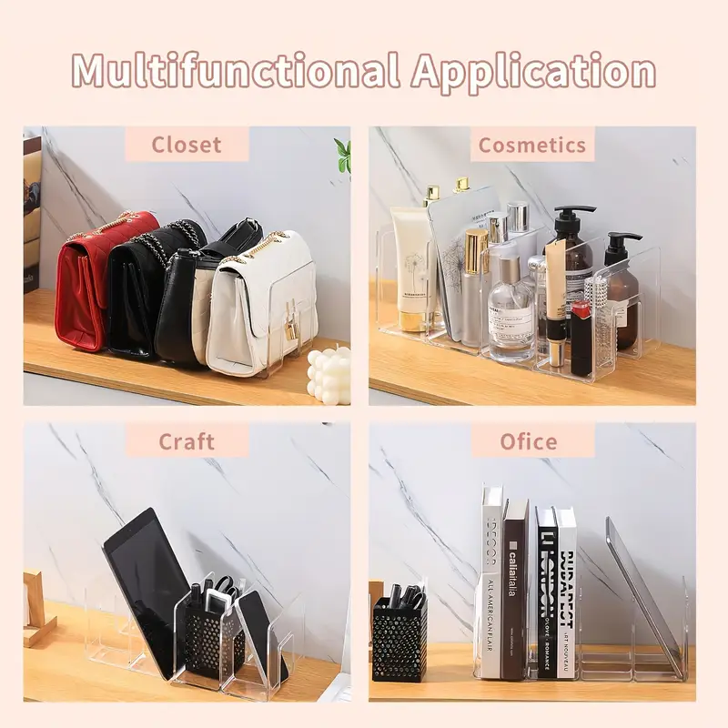 4-Tier Clear Acrylic Organizer for Purses, Handbags & Books - Multi-Purpose Desktop Storage Rack with 4 Sections for Neat Organization, Utility Racks
