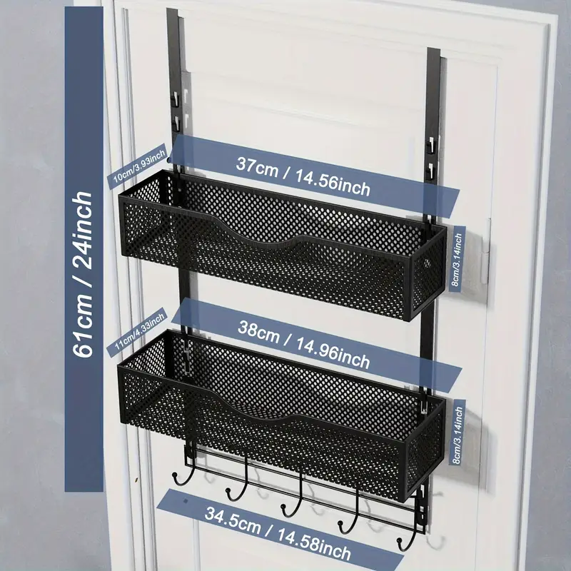 1pc Over The Door Hanging Organizer, Door Back Coat Rack With Hooks & 2 Mesh Baskets, Back Of Door Storage Organizer For Bathroom, Bedroom, Kitchen, Office, Etc., Space Saving