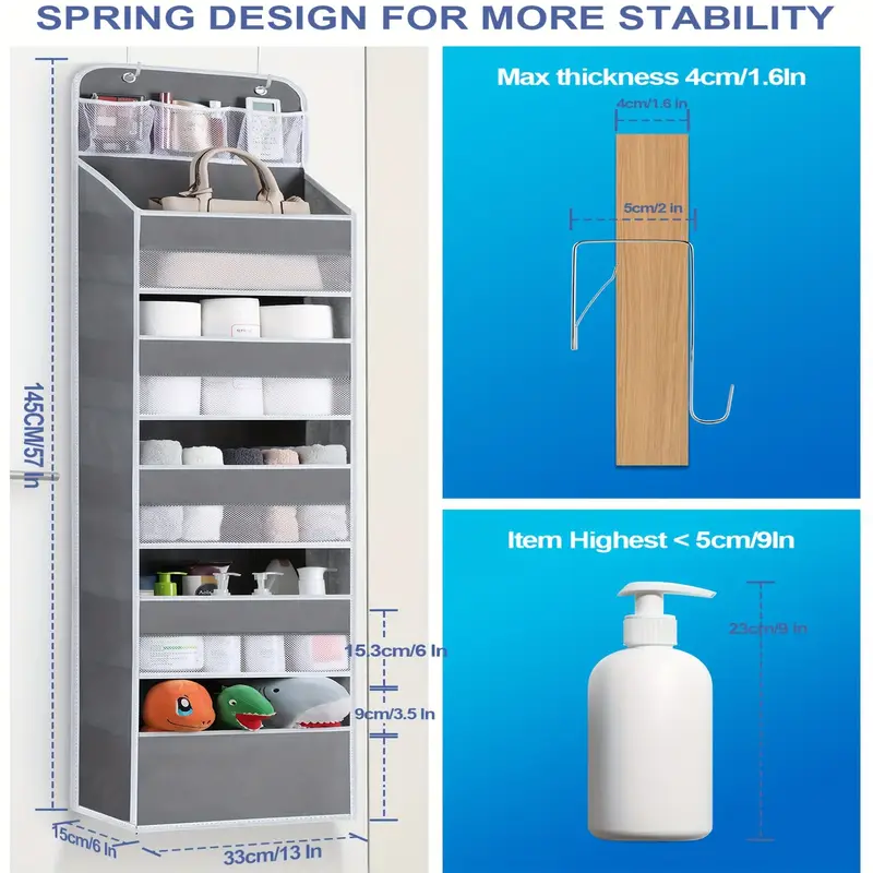 6-Shelf Over-the-Door Organizer with 8 Large Pockets – Anti-Tilt Hanging Storage for Pantry, Nursery, Bathroom, Bedroom, Kitchen, Dorm & Camper – Gray Polyester Multi-Room Organizer, Kitchen Organizers And Storage