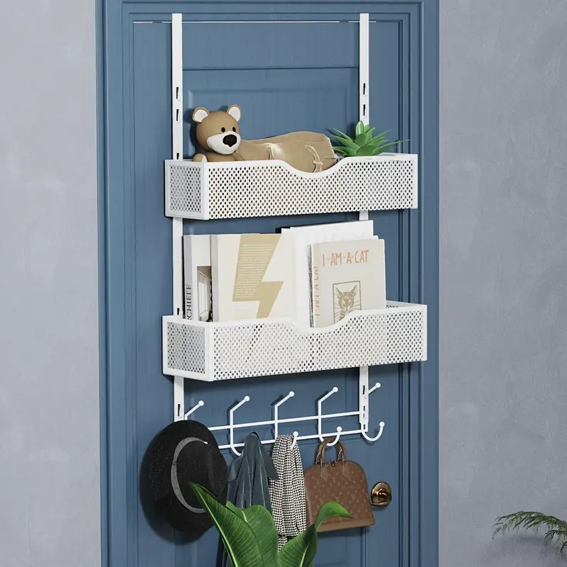 1pc Over The Door Hanging Organizer, Door Back Coat Rack With Hooks & 2 Mesh Baskets, Back Of Door Storage Organizer For Bathroom, Bedroom, Kitchen, Office, Etc., Space Saving