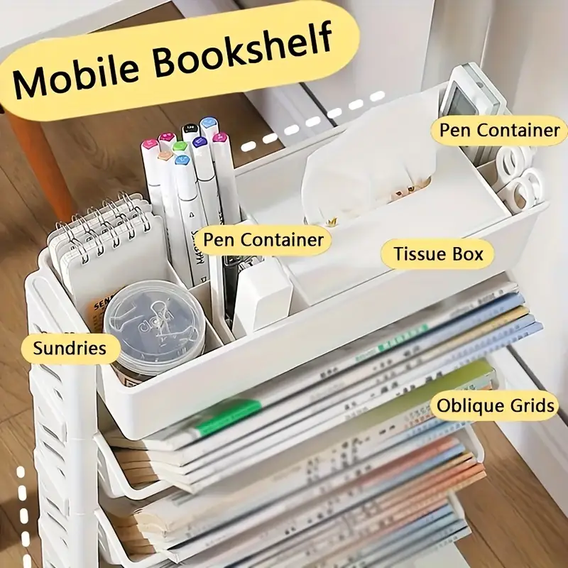 Office And Home Portable Simple Bookshelf Floor Standing Picture Book Rack Book Storage Rack Cart Desk Side Storage Rack, Suitable For Books, Tablets, Classroom, Office, And Home Document Storage