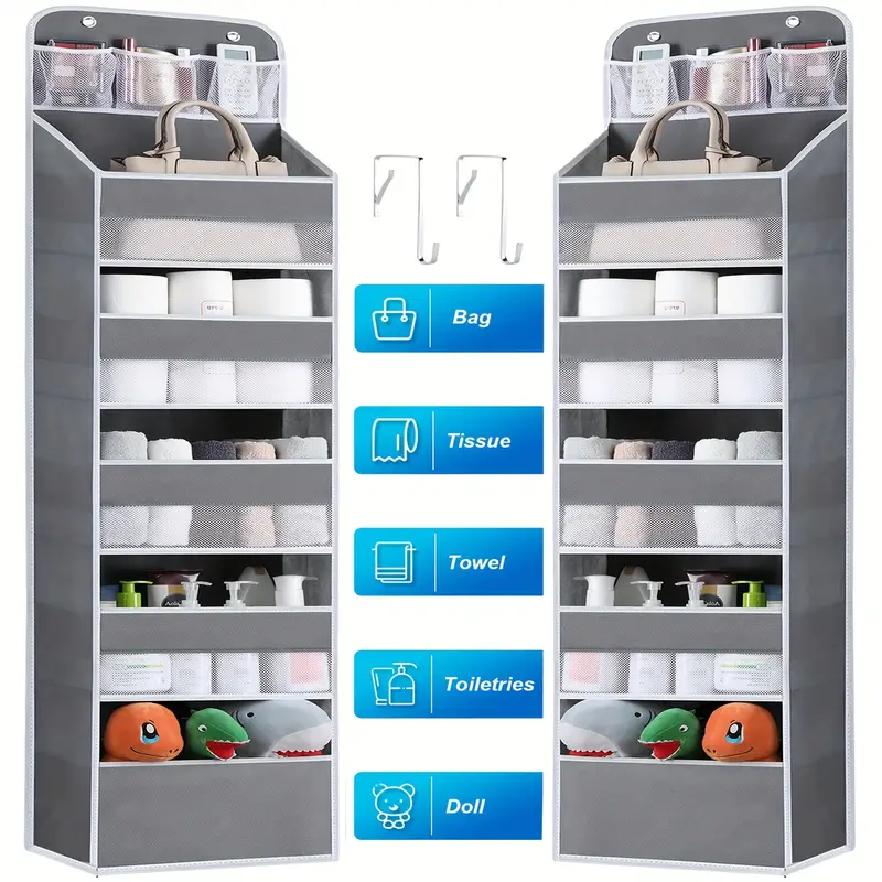 6-Shelf Over-the-Door Organizer with 8 Large Pockets – Anti-Tilt Hanging Storage for Pantry, Nursery, Bathroom, Bedroom, Kitchen, Dorm & Camper – Gray Polyester Multi-Room Organizer, Kitchen Organizers And Storage
