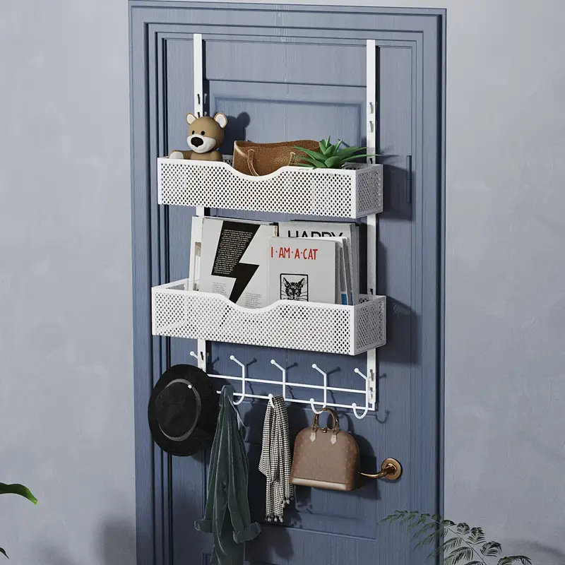 1pc Over The Door Hanging Organizer, Door Back Coat Rack With Hooks & 2 Mesh Baskets, Back Of Door Storage Organizer For Bathroom, Bedroom, Kitchen, Office, Etc., Space Saving