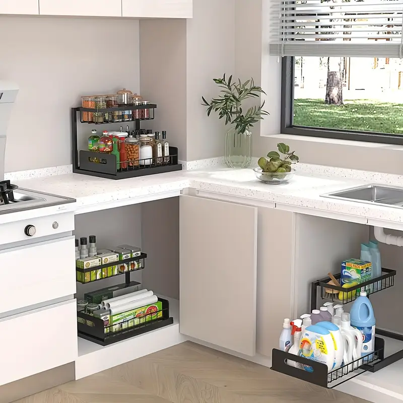 2 Tier Under Sink Organizers And Storage, Under Sink Organizer, Slide Out Pull Out Cabinet Organizer Shelf, Metal Sliding Drawer For Kitchen Bathroom Pantry Cabinet Closet Organization Rack