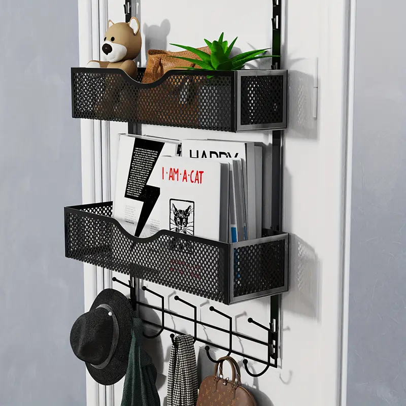 1pc Over The Door Hanging Organizer, Door Back Coat Rack With Hooks & 2 Mesh Baskets, Back Of Door Storage Organizer For Bathroom, Bedroom, Kitchen, Office, Etc., Space Saving