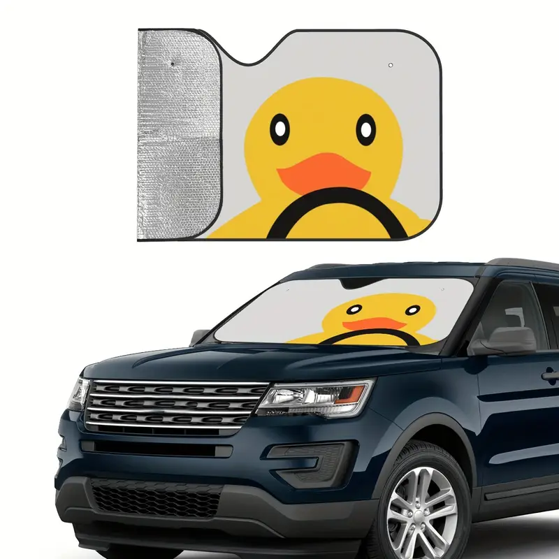 Cute Duck Car Windshield Sun Shade - Heat Shield Visor for Jeep & SUV - Scratch-Proof Aluminum Bubble Material Windshield Cover with Storage Straps - 27.5x51 Inch