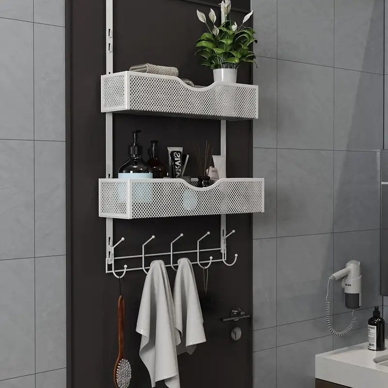 1pc Over The Door Hanging Organizer, Door Back Coat Rack With Hooks & 2 Mesh Baskets, Back Of Door Storage Organizer For Bathroom, Bedroom, Kitchen, Office, Etc., Space Saving