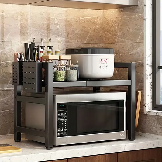 1 Piece Adjustable Metal Kitchen Rack, Microwave Holder, Expandable, Multifunctional Storage Rack for Microwave, Fruit And Vegetable Storage, Black