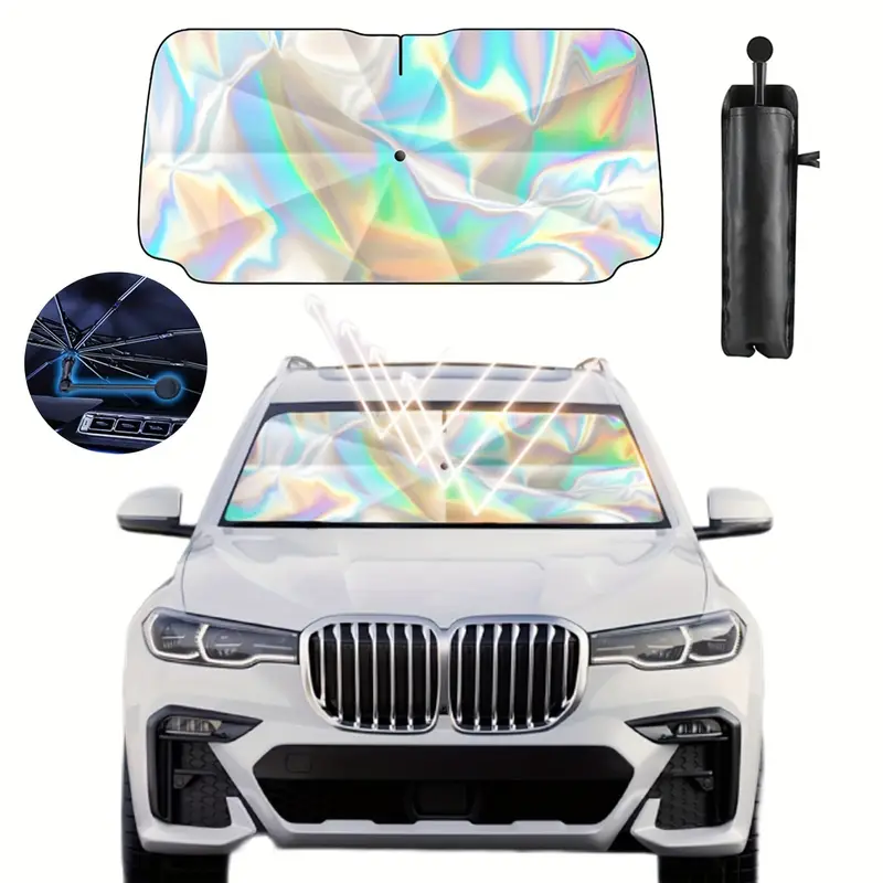 2024 Windshield Sun Shade, Iridescent Foldable Car Umbrella With 360° Rotating Shaft, Scratch-Free Front Windshield Protector For Sedans, SUVs, Wagons & Pickups - Ultimate UV Sun Blocker