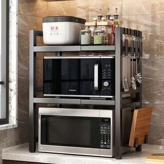 1 Piece Adjustable Metal Kitchen Rack, Microwave Holder, Expandable, Multifunctional Storage Rack for Microwave, Fruit And Vegetable Storage, Black