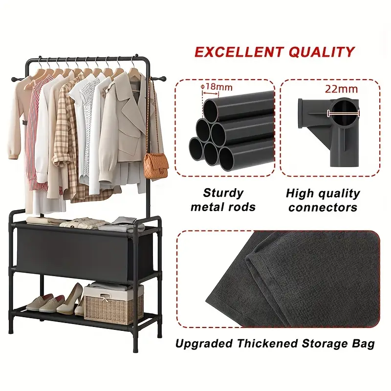 1pc Clothing Rack With Storage Bag, 3-in-1 Garment Rack, Non-woven Shelves For Shoes, Clothes Rack For Bedroom, Hallway, Entryway