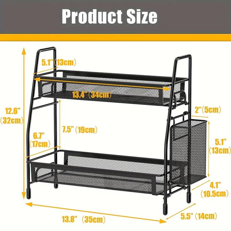 Stainless Steel Kitchen Countertop Organizer with Side Basket, Metal Spice Rack Storage Shelf for Cosmetics and Accessories