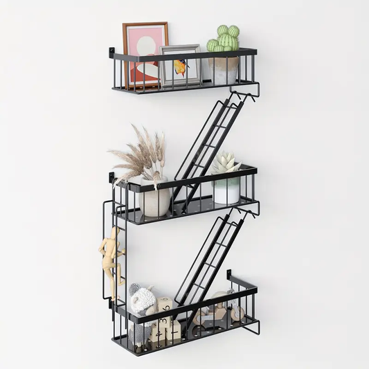 1 Set of Three Story Staircase Shaped Storage Racks, Fire Escape Wall Racks, New York Metal Decorative Racks with Screwdrivers And Screws, Rusting Wall Racks for Bedrooms, Home Decoration, Christmas Decoration (Black), Multiple Sizes, Floating Shelves