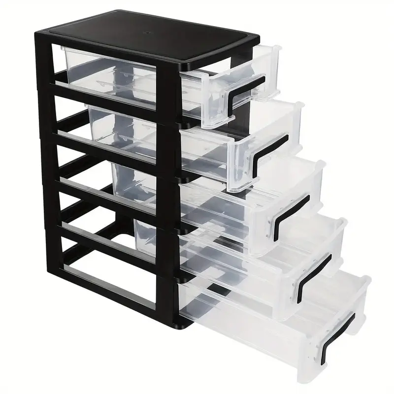 Versatile 5-Tier Plastic Storage Cabinet with Drawers - Waterproof, Dustproof Organizer for Home & Office - Black Transparent, Portable, Shelf, Trunks