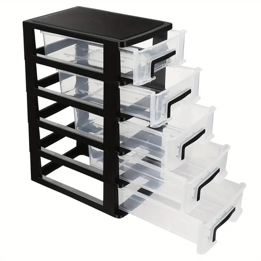 Versatile 5-Tier Plastic Storage Cabinet with Drawers - Waterproof, Dustproof Organizer for Home & Office - Black Transparent, Portable, Shelf, Trunks