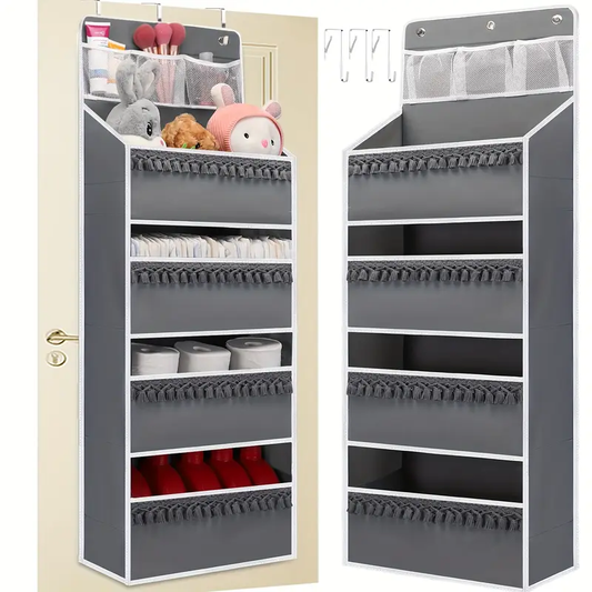 6-Shelf Over-the-Door Organizer with 8 Large Pockets – Anti-Tilt Hanging Storage for Pantry, Nursery, Bathroom, Bedroom, Kitchen, Dorm & Camper – Gray Polyester Multi-Room Organizer, Kitchen Organizers And Storage