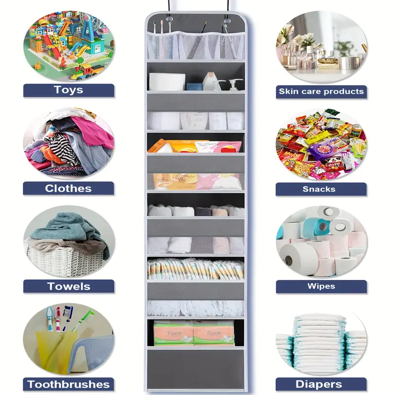 6-Shelf Over-the-Door Organizer with 8 Large Pockets – Anti-Tilt Hanging Storage for Pantry, Nursery, Bathroom, Bedroom, Kitchen, Dorm & Camper – Gray Polyester Multi-Room Organizer, Kitchen Organizers And Storage