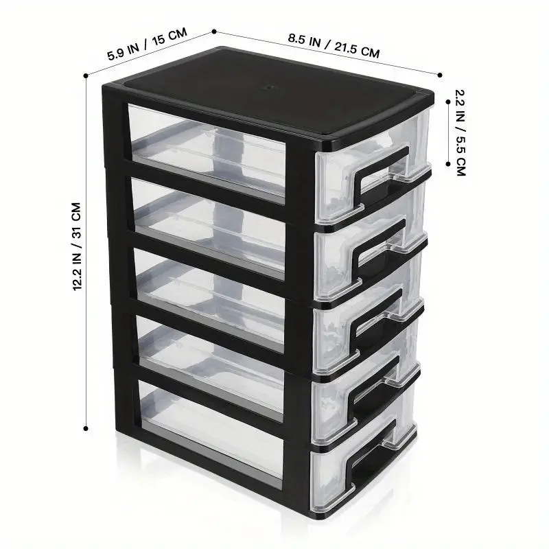 Versatile 5-Tier Plastic Storage Cabinet with Drawers - Waterproof, Dustproof Organizer for Home & Office - Black Transparent, Portable, Shelf, Trunks