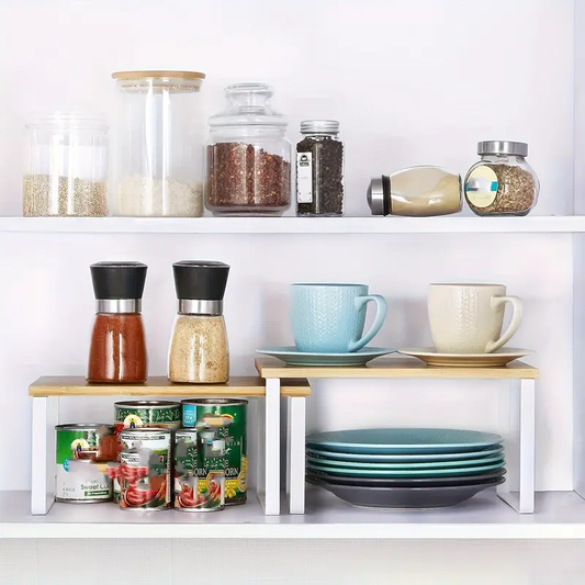 2-Pack Stackable Cabinet Organizer - Expandable Kitchen Countertop Shelf, Spice Rack, Storage for Dining & Indoor Use, Solid Wood & Metal Construction