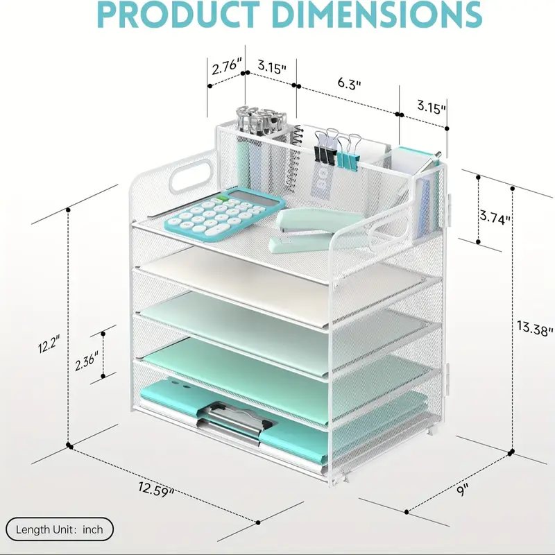 5-tier Desk Storage Rack With Handle And 3 Pen Holders, Desk Organizer With Grid Paper/File Sorter, Office Supplies Paper Tray Storage Box