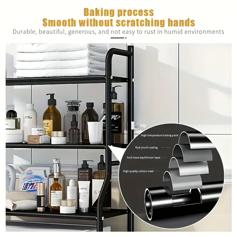 Space-Saving 3-Tier Bathroom Organizer With Toilet Rack & Washing Machine Stand - Black Metal, Floor Mount, Includes Hanging Rod For Laundry And Restroom Storage