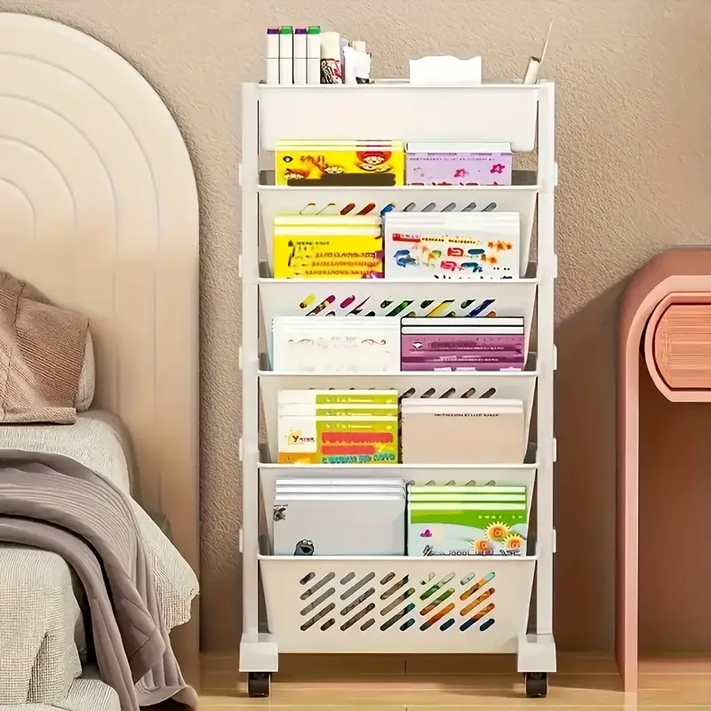 Office And Home Portable Simple Bookshelf Floor Standing Picture Book Rack Book Storage Rack Cart Desk Side Storage Rack, Suitable For Books, Tablets, Classroom, Office, And Home Document Storage