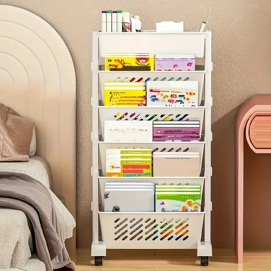 Office And Home Portable Simple Bookshelf Floor Standing Picture Book Rack Book Storage Rack Cart Desk Side Storage Rack, Suitable For Books, Tablets, Classroom, Office, And Home Document Storage