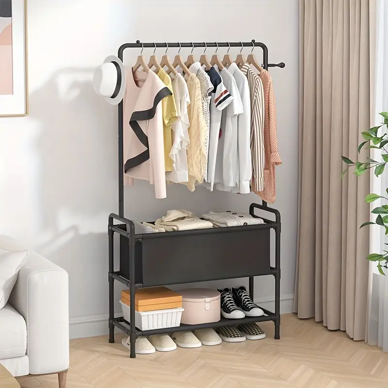 1pc Clothing Rack With Storage Bag, 3-in-1 Garment Rack, Non-woven Shelves For Shoes, Clothes Rack For Bedroom, Hallway, Entryway