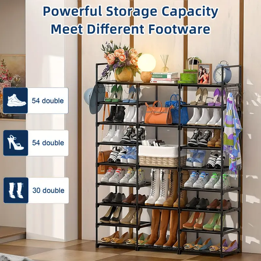 9-Tier Metal Shoe Rack Organizer with Hooks, Space-Saving Storage for 50-55 Pairs of Shoes, Bags & Books, Stackable Shelving Unit for Entryway, Bedroom, or Closet, Perfect for High Tops, Sneakers, and Decorative Items, Best for Christmas, Utility Racks