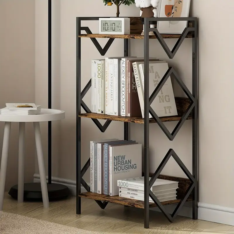 Modern Minimalist 3-Tier Black Metal Bookshelf with Wood Accents - Space-Saving Design for Office, Living Room, Bedroom - Holds Books, Plants, and Decor - Sturdy Support & Easy Assembly, Bookshelf Decorations, Standing Shelf