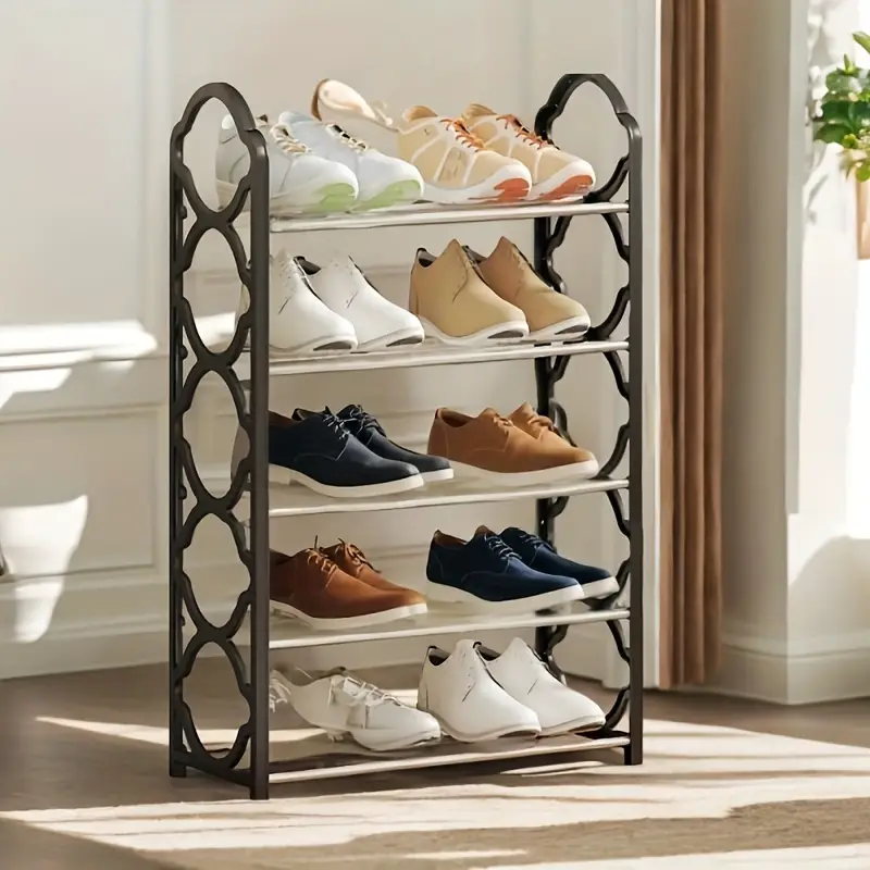1pc Five Story Simple Vertical Shoe Rack, 8.6mm Metal Steel Pipe And Thickened Plastic Side Panel, Toiletries Storage Rack, Living Room, Bathroom, Bedroom, Lobby, Dormitory Scattered Item Storage Shoe Rack, Easy To Install, Portable
