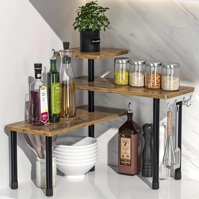 1pc Triple Wooden Shelf - Countertop Storage Shelf, Removable Corner Storage Shelf for Kitchen, Bathroom, Spice Rack, Coffee Area, Above the Sink, Dresser Make the most of your space