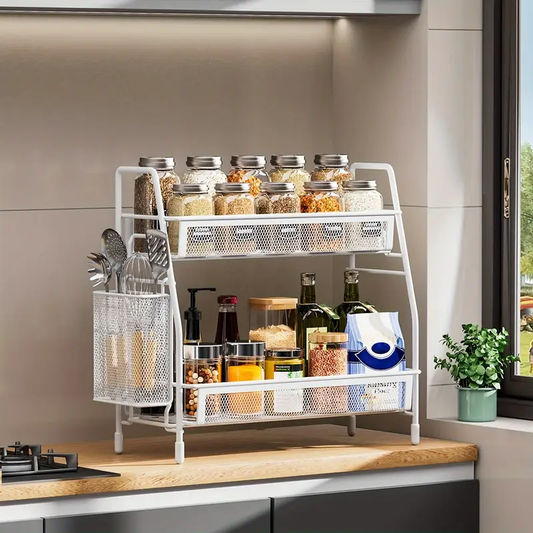 Stainless Steel Kitchen Countertop Organizer with Side Basket, Metal Spice Rack Storage Shelf for Cosmetics and Accessories