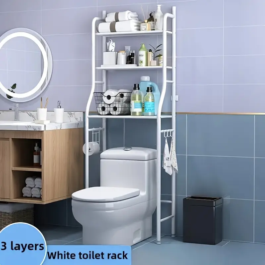 Space-Saving 3-Tier Bathroom Organizer With Toilet Rack & Washing Machine Stand - Black Metal, Floor Mount, Includes Hanging Rod For Laundry And Restroom Storage