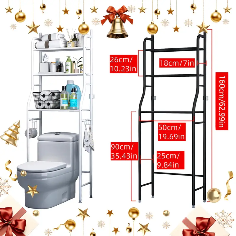 Space-Saving 3-Tier Bathroom Organizer With Toilet Rack & Washing Machine Stand - Black Metal, Floor Mount, Includes Hanging Rod For Laundry And Restroom Storage