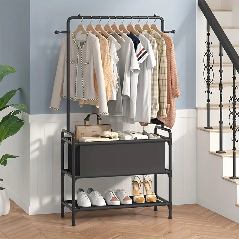 1pc Clothing Rack With Storage Bag, 3-in-1 Garment Rack, Non-woven Shelves For Shoes, Clothes Rack For Bedroom, Hallway, Entryway