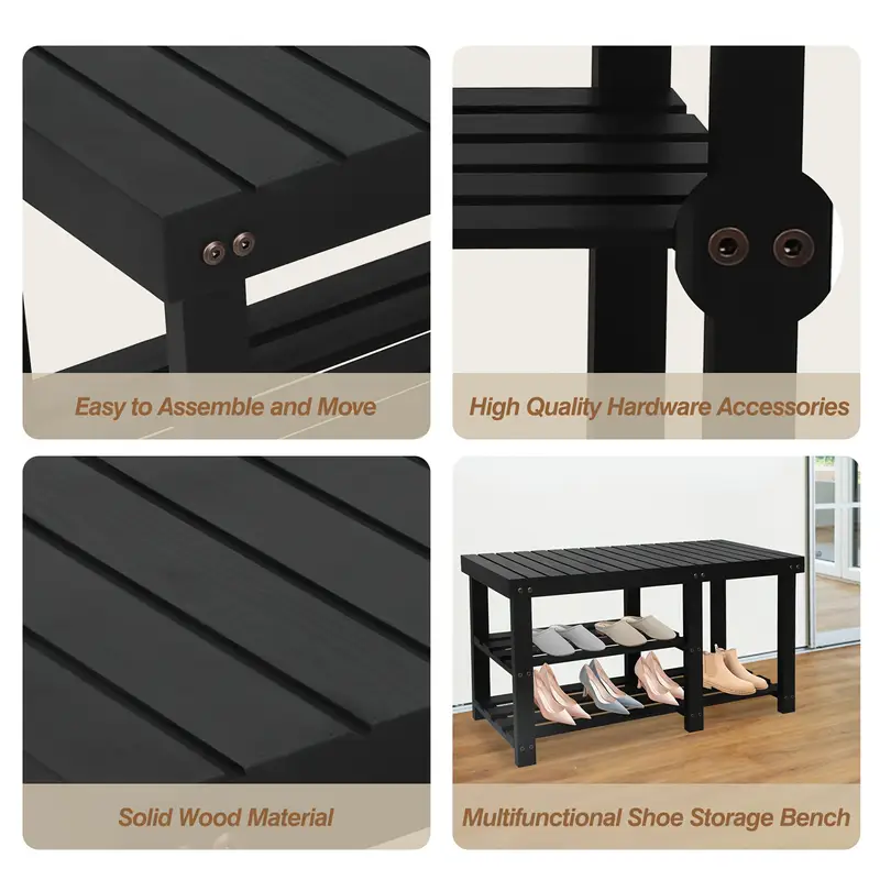 Shoe Rack Bench, 3-Tier Wood Shoe Bench With Boot Organizer, Free Standing Shoe Racks Bench, Storage Shoe Shelf For Entryway Hallway Bedroom, Balcony