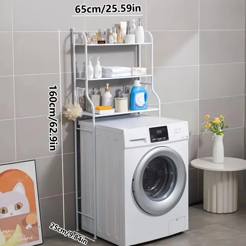 Space-Saving 3-Tier Bathroom Organizer With Toilet Rack & Washing Machine Stand - Black Metal, Floor Mount, Includes Hanging Rod For Laundry And Restroom Storage
