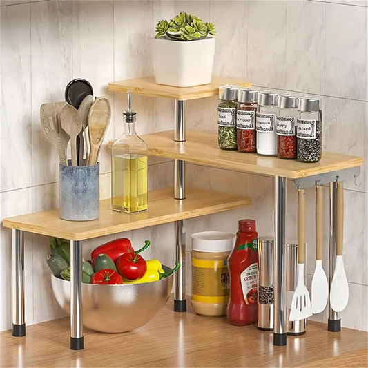 1pc Triple Wooden Shelf - Countertop Storage Shelf, Removable Corner Storage Shelf for Kitchen, Bathroom, Spice Rack, Coffee Area, Above the Sink, Dresser Make the most of your space