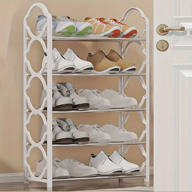 1pc Five Story Simple Vertical Shoe Rack, 8.6mm Metal Steel Pipe And Thickened Plastic Side Panel, Toiletries Storage Rack, Living Room, Bathroom, Bedroom, Lobby, Dormitory Scattered Item Storage Shoe Rack, Easy To Install, Portable