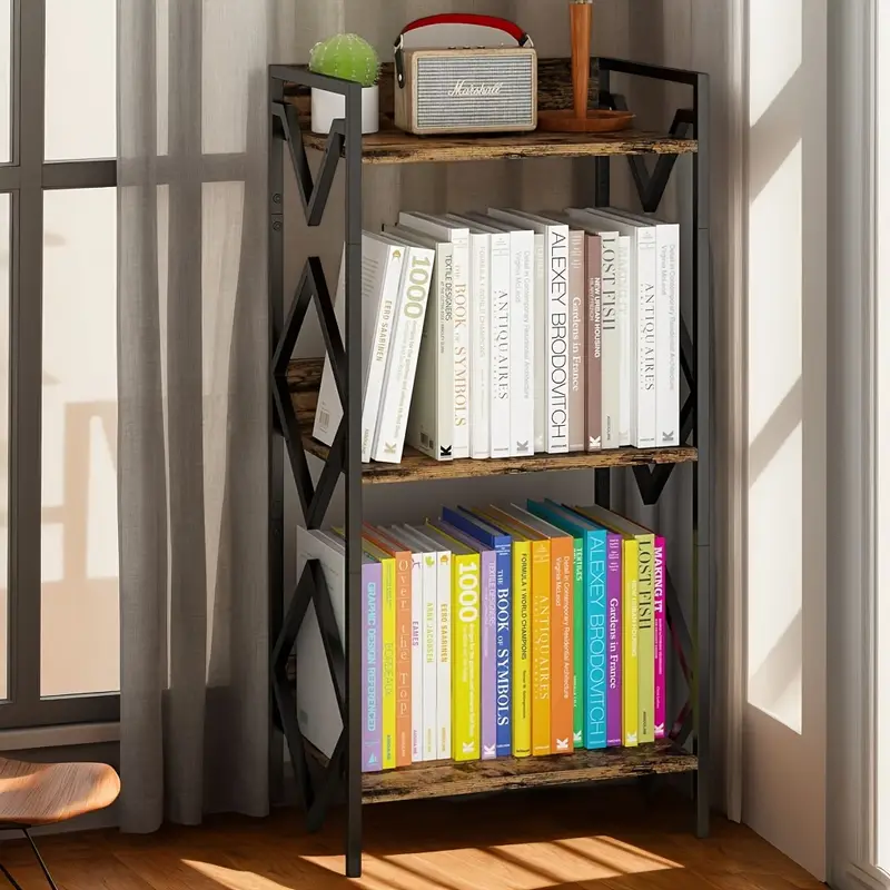 Modern Minimalist 3-Tier Black Metal Bookshelf with Wood Accents - Space-Saving Design for Office, Living Room, Bedroom - Holds Books, Plants, and Decor - Sturdy Support & Easy Assembly, Bookshelf Decorations, Standing Shelf