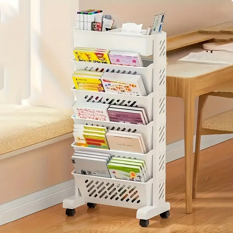 Office And Home Portable Simple Bookshelf Floor Standing Picture Book Rack Book Storage Rack Cart Desk Side Storage Rack, Suitable For Books, Tablets, Classroom, Office, And Home Document Storage