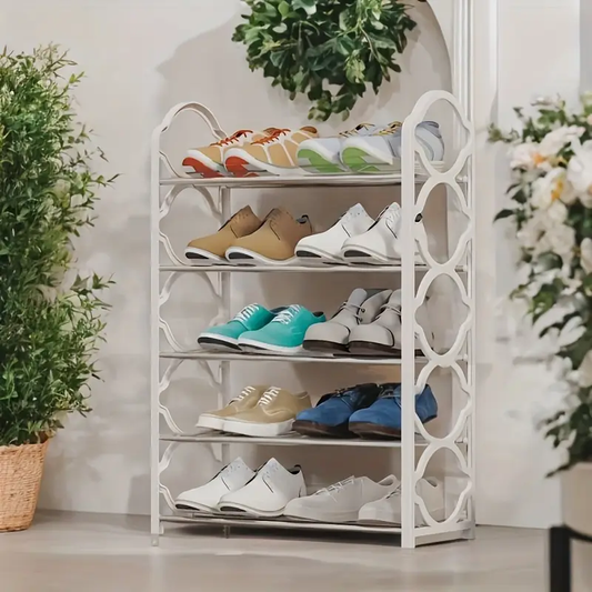 1pc Five Story Simple Vertical Shoe Rack, 8.6mm Metal Steel Pipe And Thickened Plastic Side Panel, Toiletries Storage Rack, Living Room, Bathroom, Bedroom, Lobby, Dormitory Scattered Item Storage Shoe Rack, Easy To Install, Portable