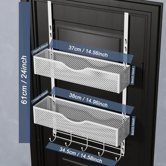 1pc Over The Door Hanging Organizer, Door Back Coat Rack With Hooks & 2 Mesh Baskets, Back Of Door Storage Organizer For Bathroom, Bedroom, Kitchen, Office, Etc., Space Saving
