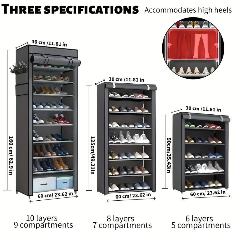 Versatile 6/8/10-Tier Shoe Organizer with Dustproof Cover - Easy Assembly, Portable Storage for 27-35 Pairs of Sneakers, High Heels & Boots - Ideal for Entryway