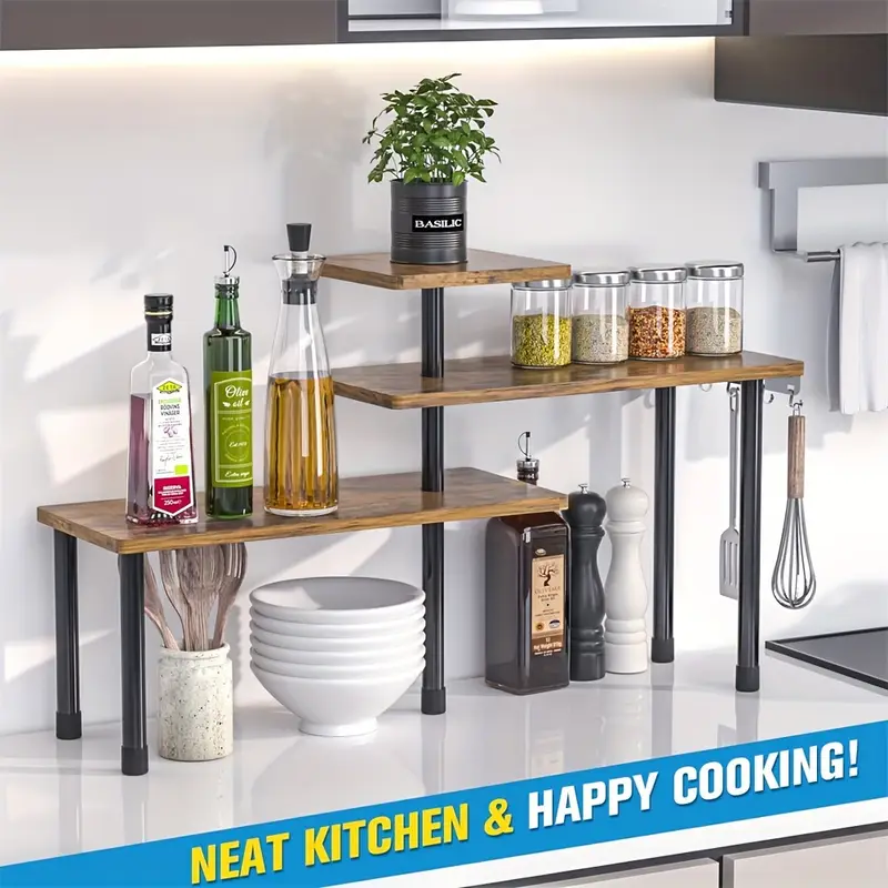 1pc Triple Wooden Shelf - Countertop Storage Shelf, Removable Corner Storage Shelf for Kitchen, Bathroom, Spice Rack, Coffee Area, Above the Sink, Dresser Make the most of your space