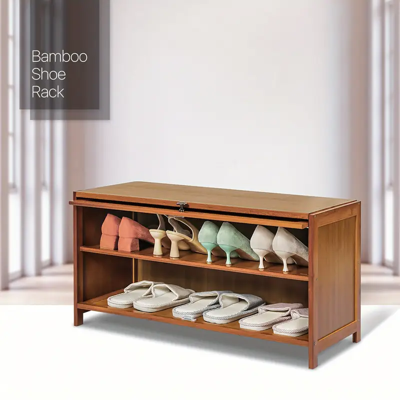 Bamboo Shoe Storage with Flip Doors Free Standing Shoes Shelf Organize for 6-10 Pairs for Entryway Hallway Bedroom Living Room