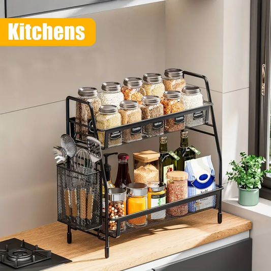 Stainless Steel Kitchen Countertop Organizer with Side Basket, Metal Spice Rack Storage Shelf for Cosmetics and Accessories