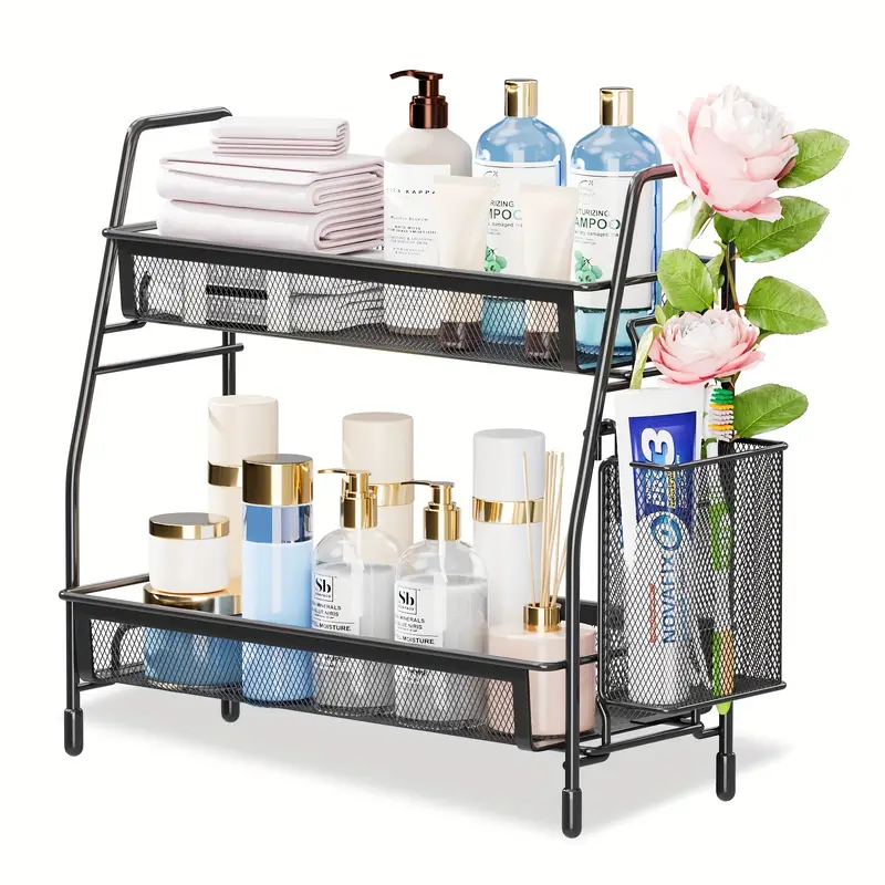 Stainless Steel Kitchen Countertop Organizer with Side Basket, Metal Spice Rack Storage Shelf for Cosmetics and Accessories